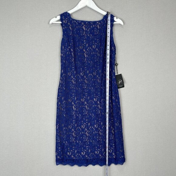 Adrianna Papell Womens Dress 4 Blue Lace Overlay Sheath Evening Modest Elegant - Picture 3 of 14